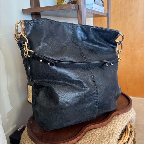 Badgley Mischka Black Leather Hobo Bag with Gold Accents - Picture 2 of 8